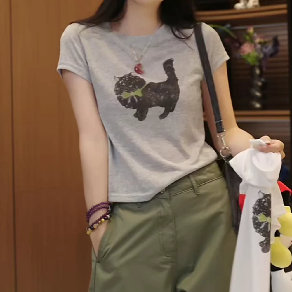 “绿领带小猫”夏季新款天丝亚麻流行显瘦短袖T恤C5389