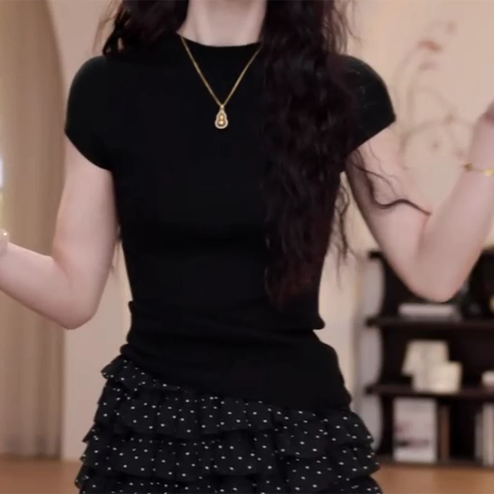 夏季新款百搭休闲修身纯色时尚针织坎肩ins蕾丝短袖上衣气质女