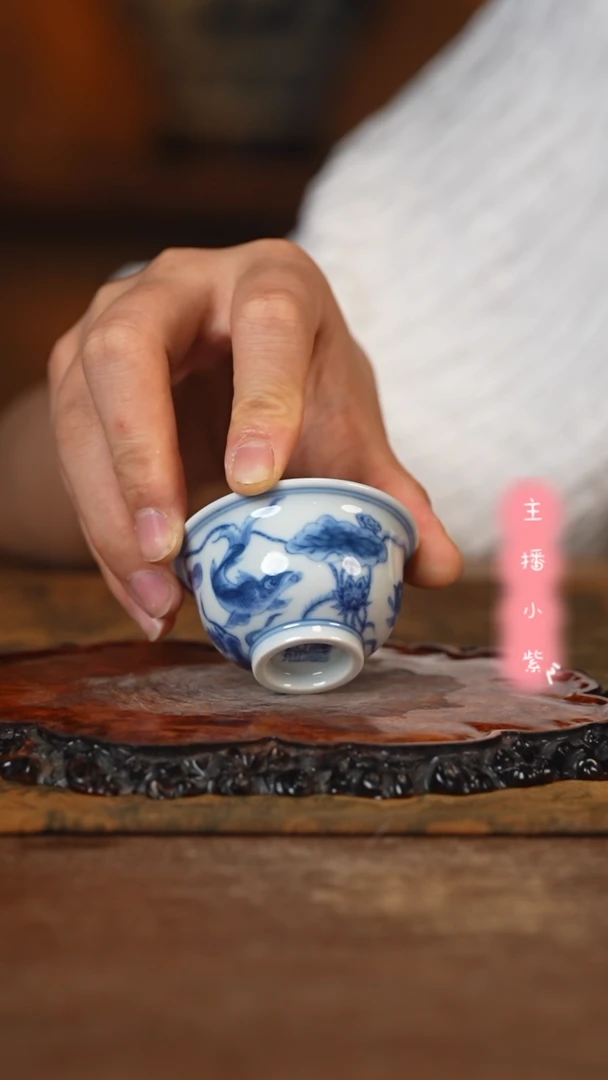 杯望月怀古 青花迷你鱼藻压手