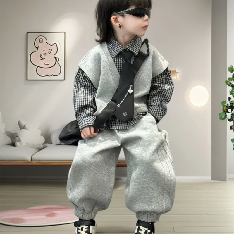 男童秋季套装2025新款儿童三件套衬衫马甲宝宝洋气束脚裤三件套潮