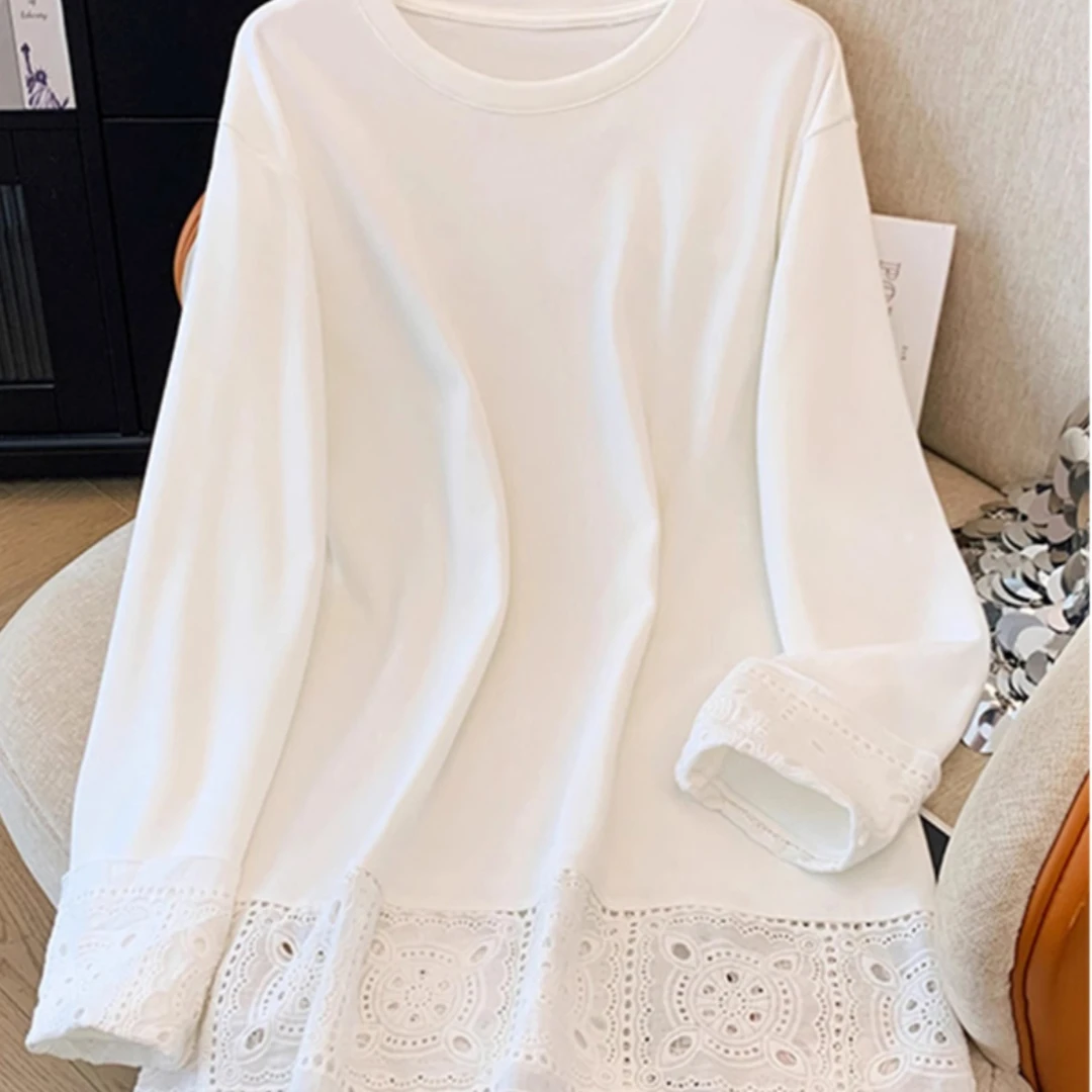 白色中长款长袖T恤卫衣女2025春季新款蕾丝拼接打底衫遮屁股上衣