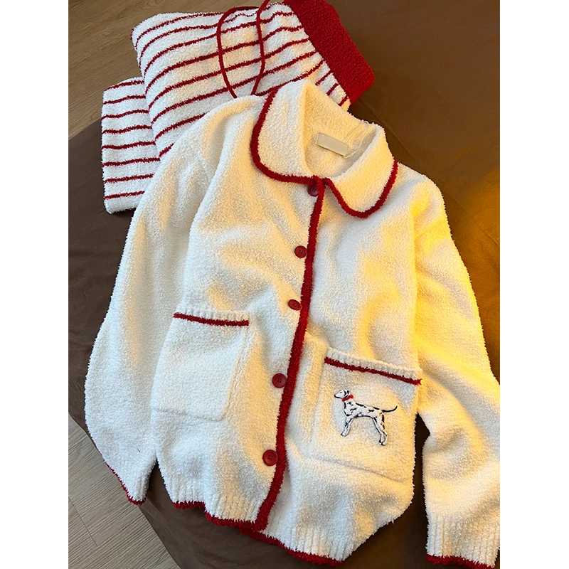 韩版甜美小狗条纹针织半边绒睡衣女秋冬新款加厚家居服套装可外穿