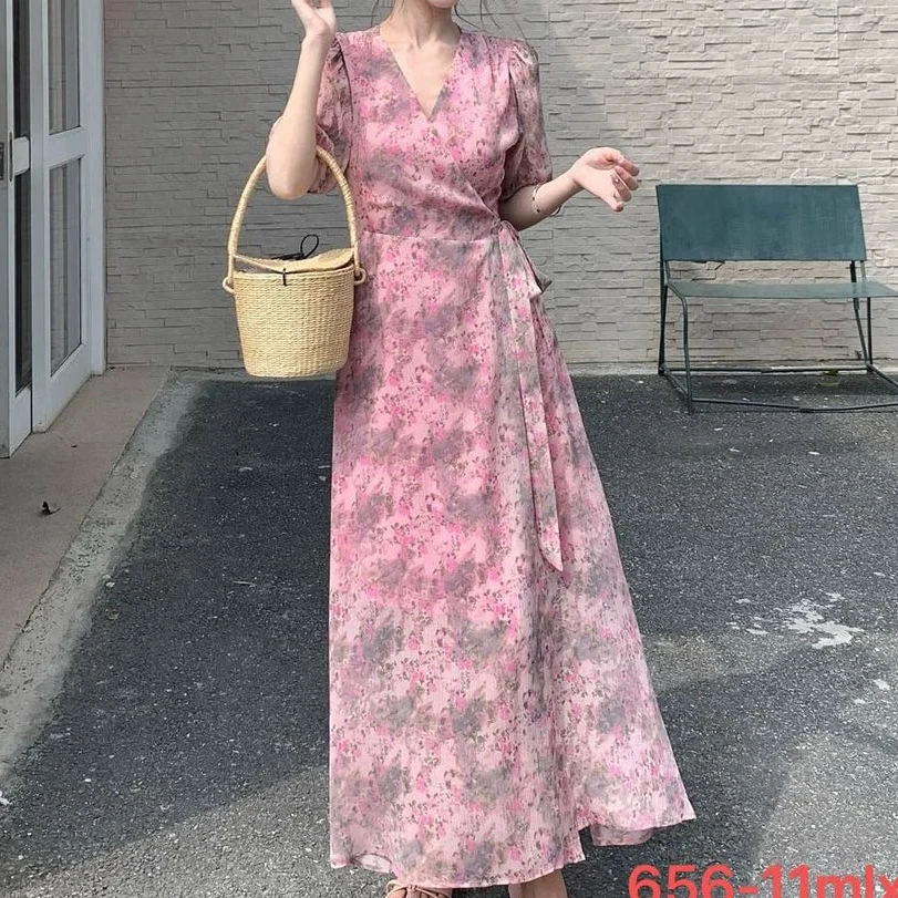 656-11碎花长裙夏季民族风女夏季系带连衣裙显瘦