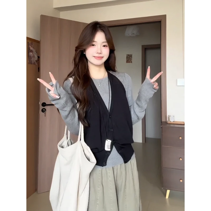 韩系穿搭灰色针织衫挂脖吊带水洗工装休闲裤女2025秋季新款套装潮