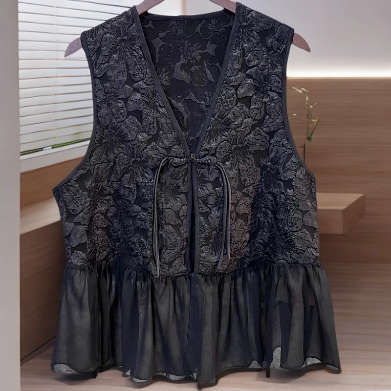 103 新中式国风提花拼接荷叶边马甲黑色精致显瘦百搭中长款