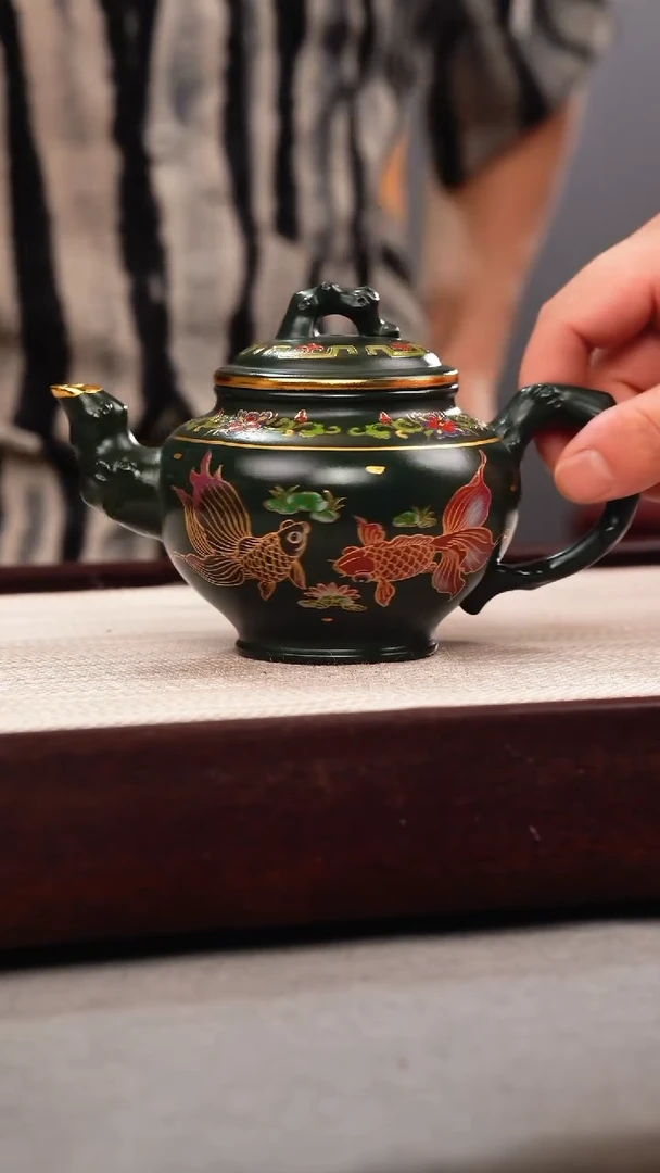 茶壶紫砂绿泥 报春 锦鲤珐琅彩