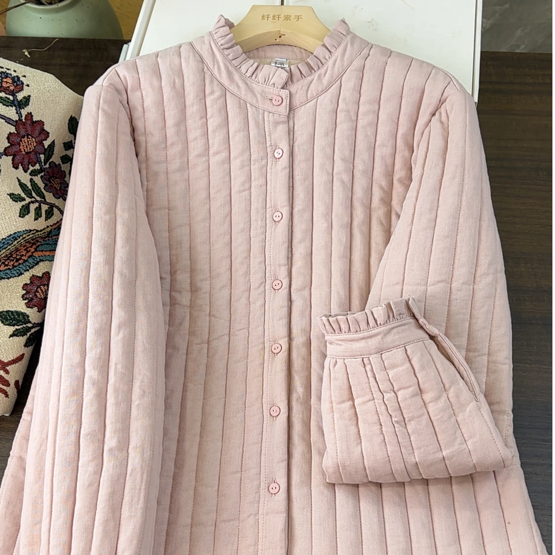 倩CS1314花边领保暖长袖加厚棉衣外套外穿打底韩版夹棉衬衫