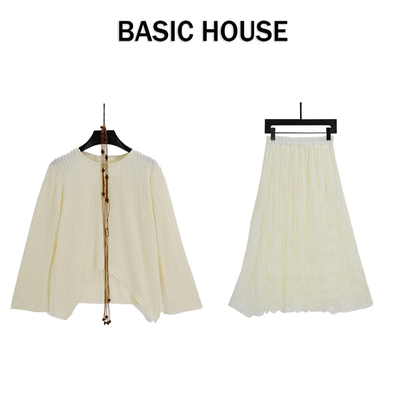 Basic House/百家好CSM新款优雅气质腰带针织衫蕾丝刺绣半裙套装