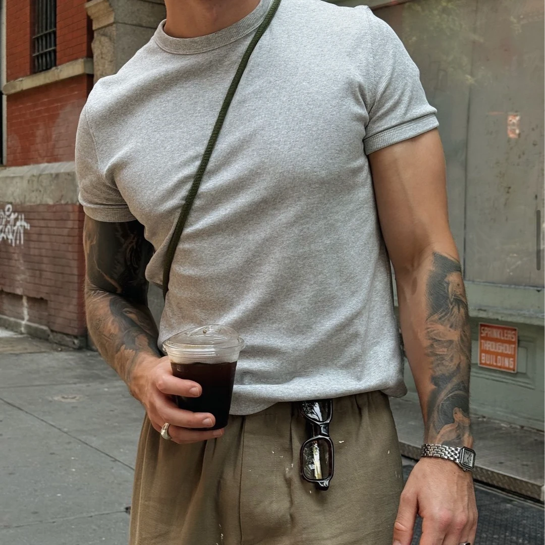 PrintsCrew修身310克索罗娜螺纹圆领短袖T恤韩范夏季纯色简约男款