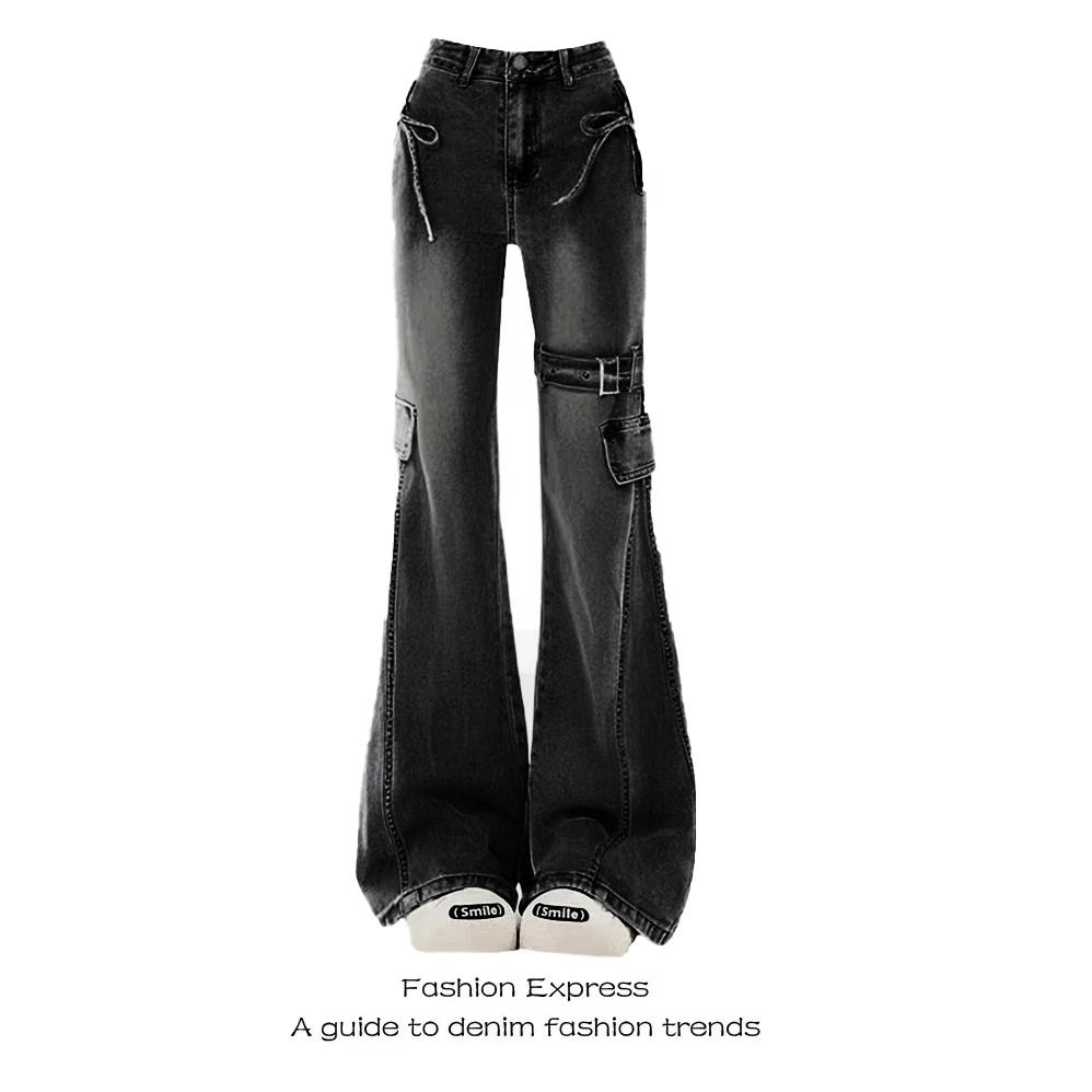 黑色微辣喇牛仔裤女2025春秋复古窄版蝴蝶结辣妹显瘦显高马蹄裤子