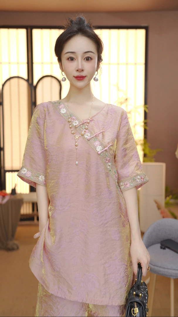 新中式2025夏季气质百搭提花立领裤子女FB2506132（仅裤子）