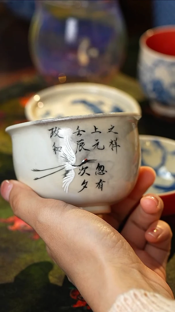 景德镇高温纯手工手绘仙鹤柴烧主人杯356