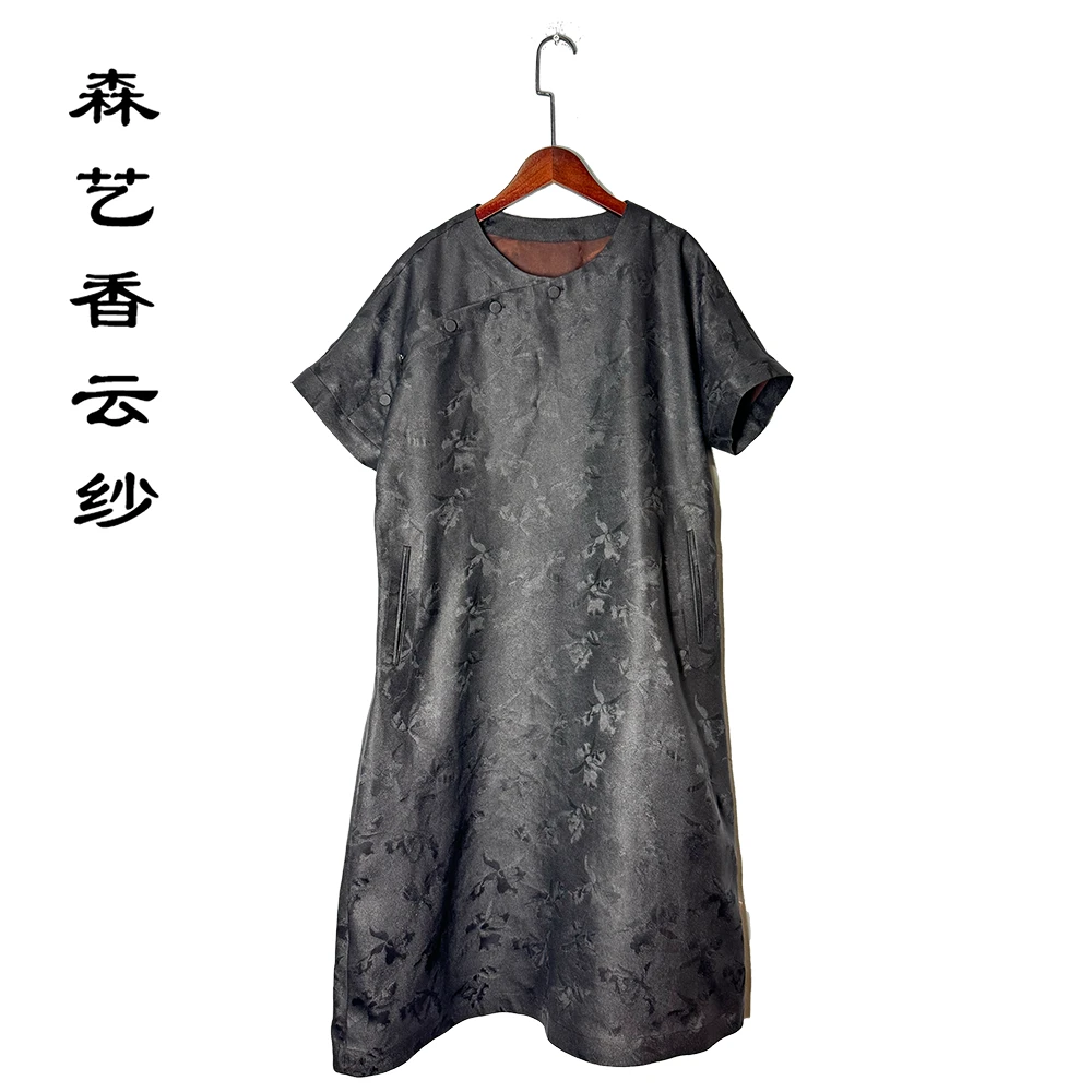 森艺-蜀红-海棠花纹四经绞罗香云纱连衣裙