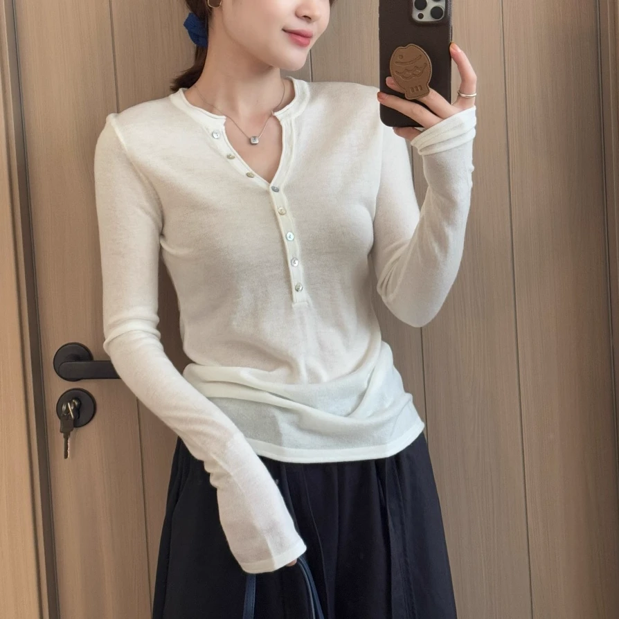 纽扣半开领修身针织长袖女2025秋季新款弹力T恤打底衫上衣潮