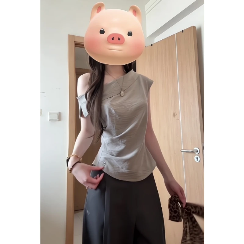 MARIE.COCO法式优雅翻领褶皱收腰上衣不规则设计+显瘦直筒阔腿裤