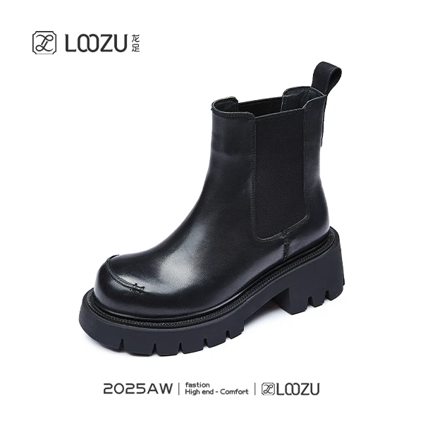 【LOOZU】龙足品牌女鞋2025冬季新款胎牛方头烟筒靴18478-1