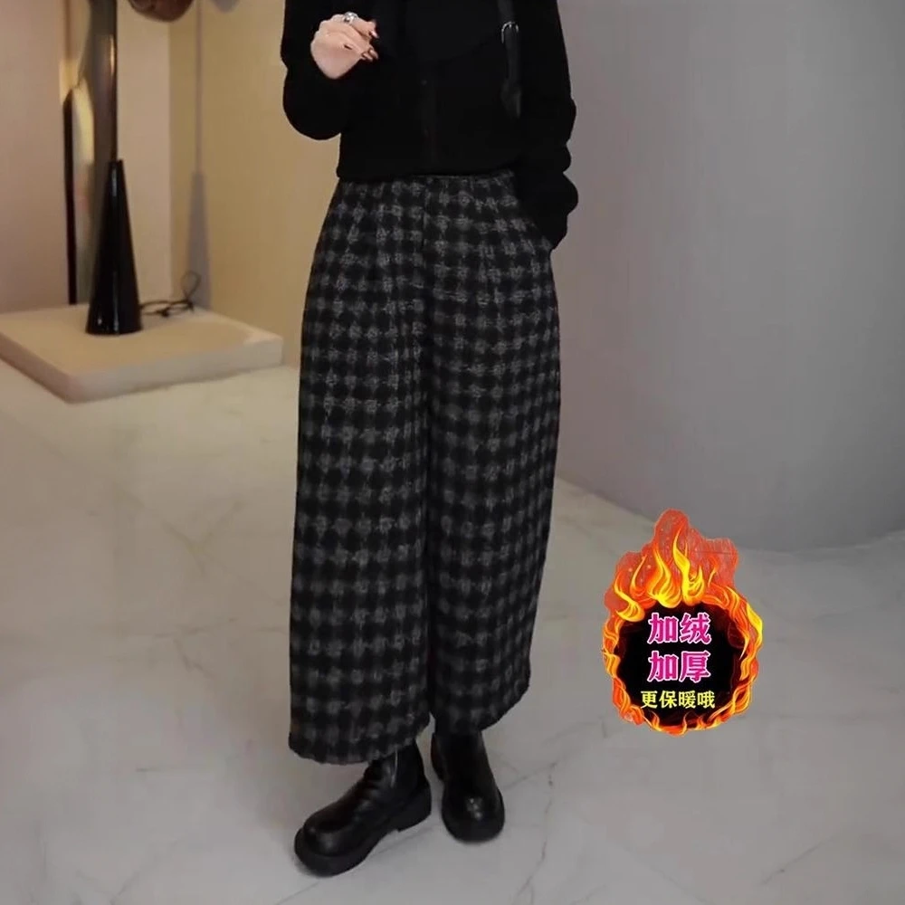 冬季新款韩版宽松显瘦格子休闲裤加绒加厚松紧腰九分气球灯笼裤女