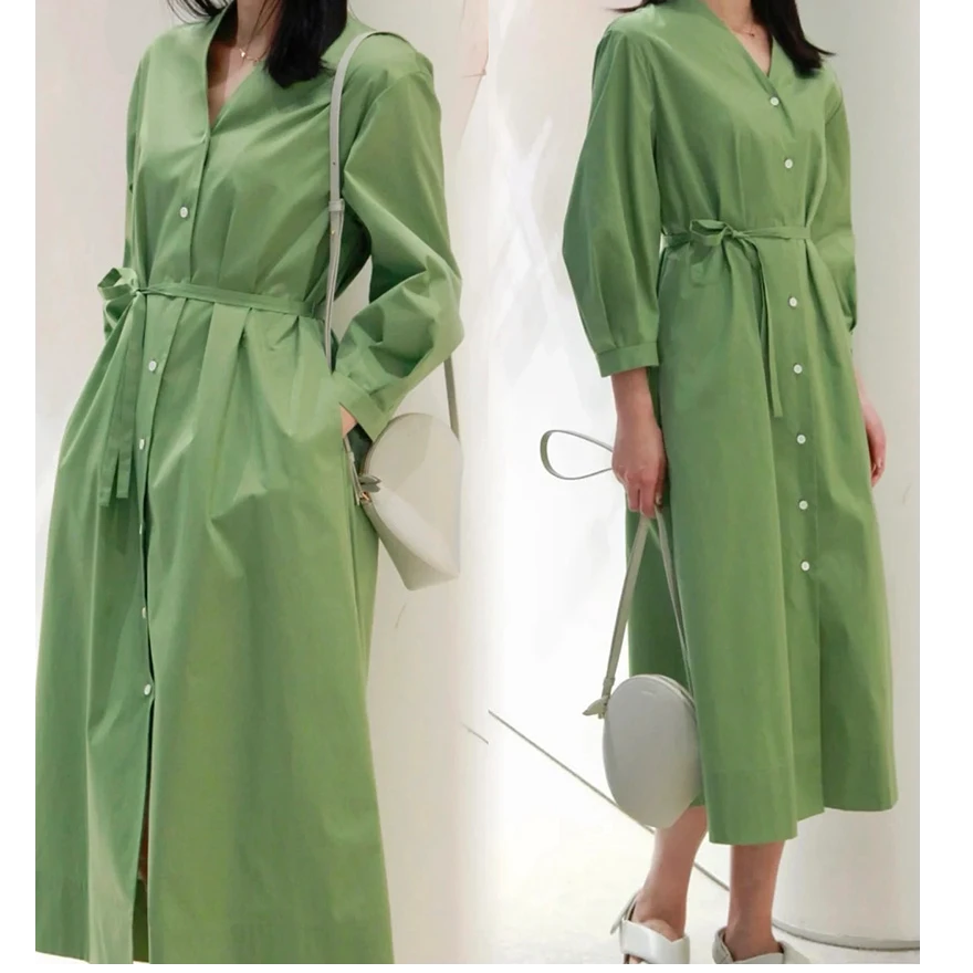 宝丫轻奢  T女式复古洋气V领系腰带单排扣绿色连衣裙K2660