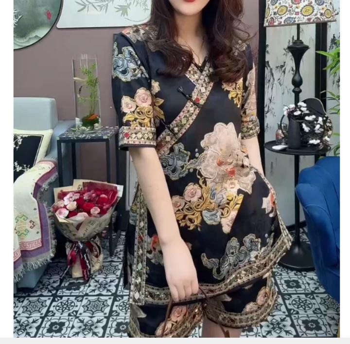 2025夏季新款网红同款洋气减龄韩版爆款国风印花两件套