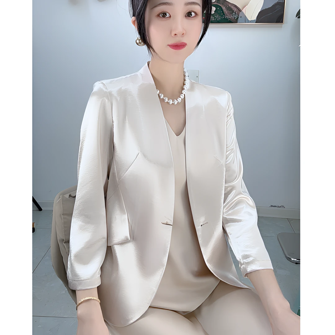 2102醋酸锻西装外套九分袖高端女装气质显瘦春百搭时尚春季修身