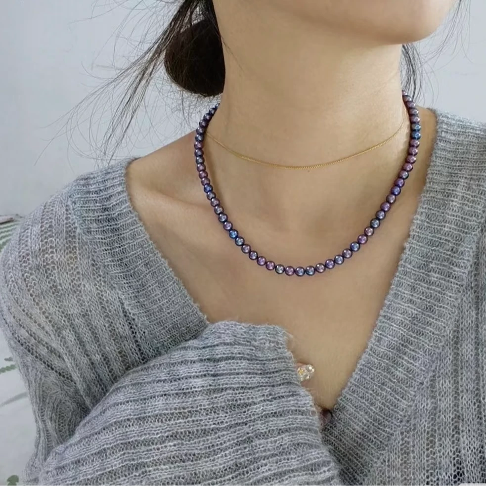 天然5A强光正圆妖紫淡水珍珠项链4 - 5mm蓝玫瑰小米珍珠