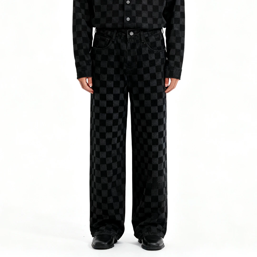 柏堡里棋盘格子痞帅长裤男士显瘦新款潮牌宽松美式直筒牛仔裤裤子