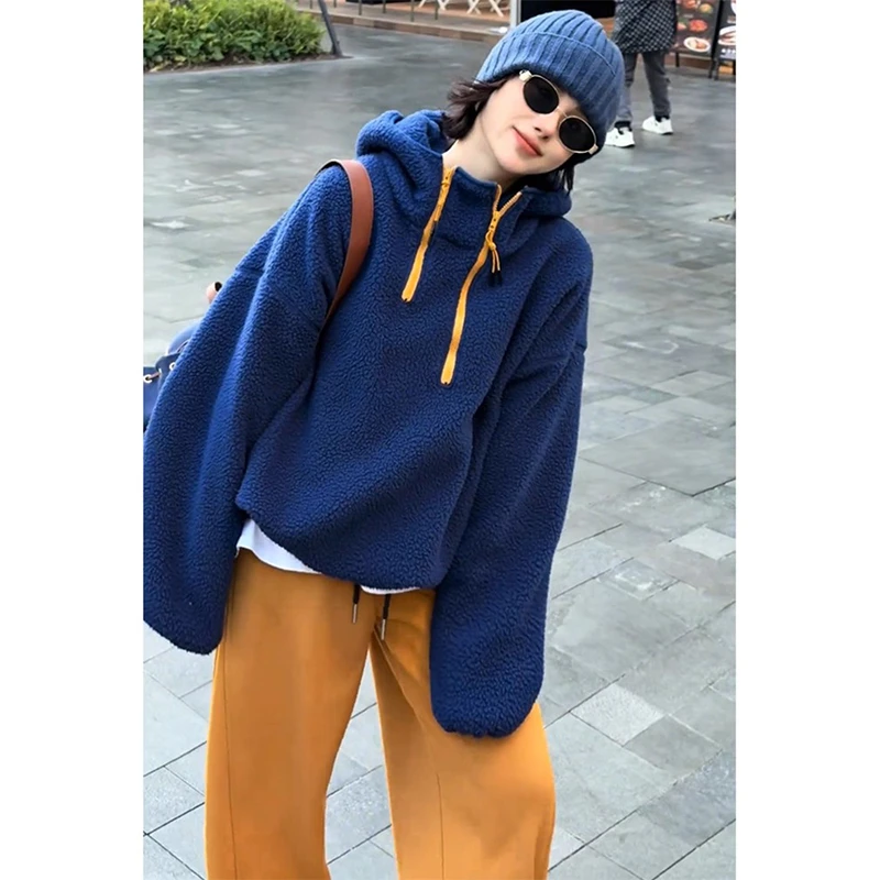 欧洲站2025冬季新款韩版百搭休闲连帽纯色时尚羊羔毛拉链卫衣潮女