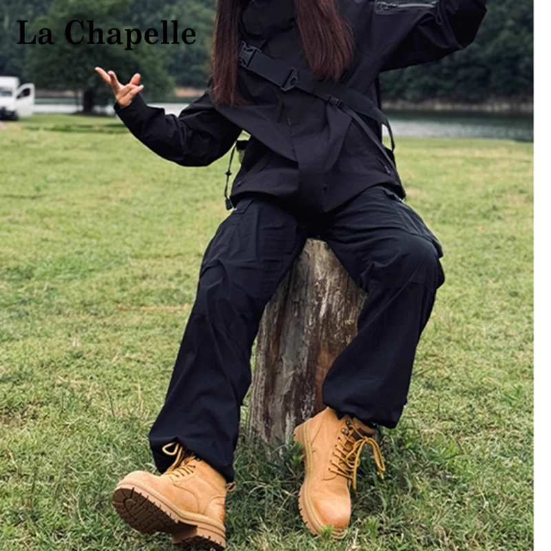拉夏贝尔黑色降落伞工装裤女2025早秋新款美式宽松束脚休闲阔腿裤