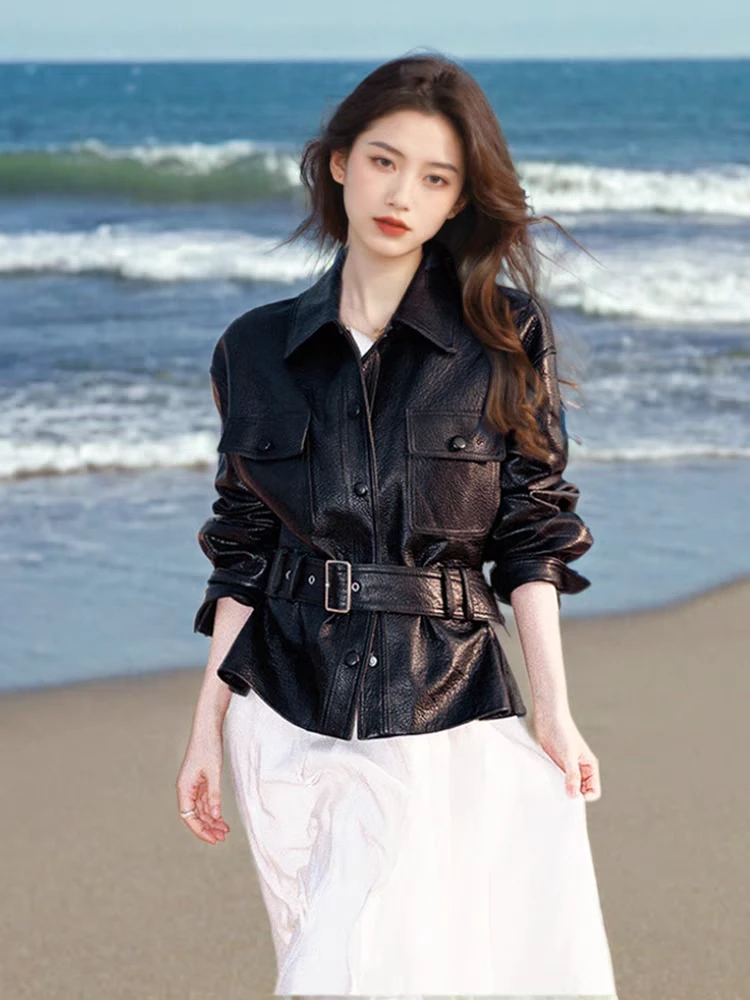 【宋佳同款】欧货春季千金风翻领收腰系带休闲短款皮衣女士夹克短