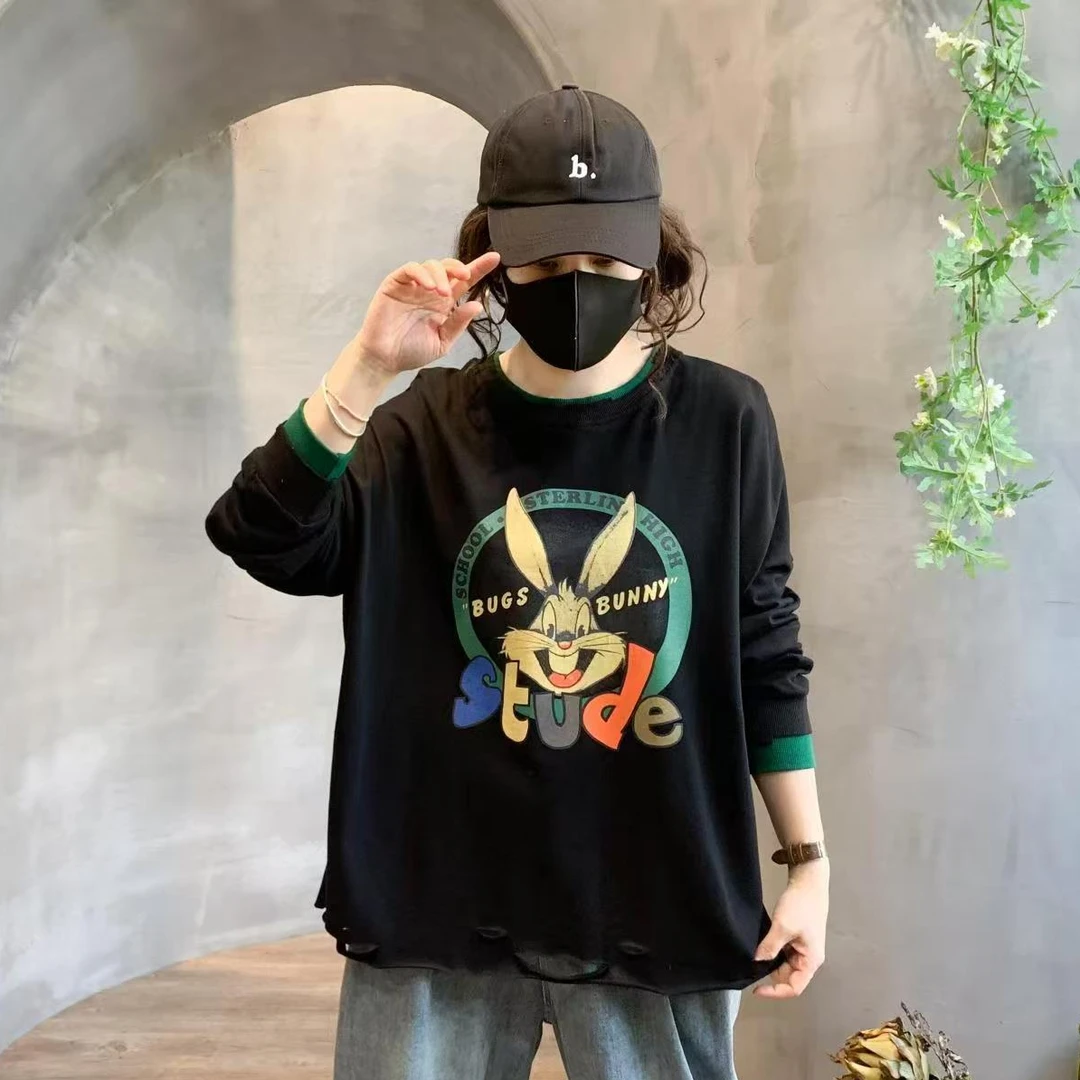 9632长袖极简风时尚潮流圆领女士休闲卡通图案秋冬卫衣