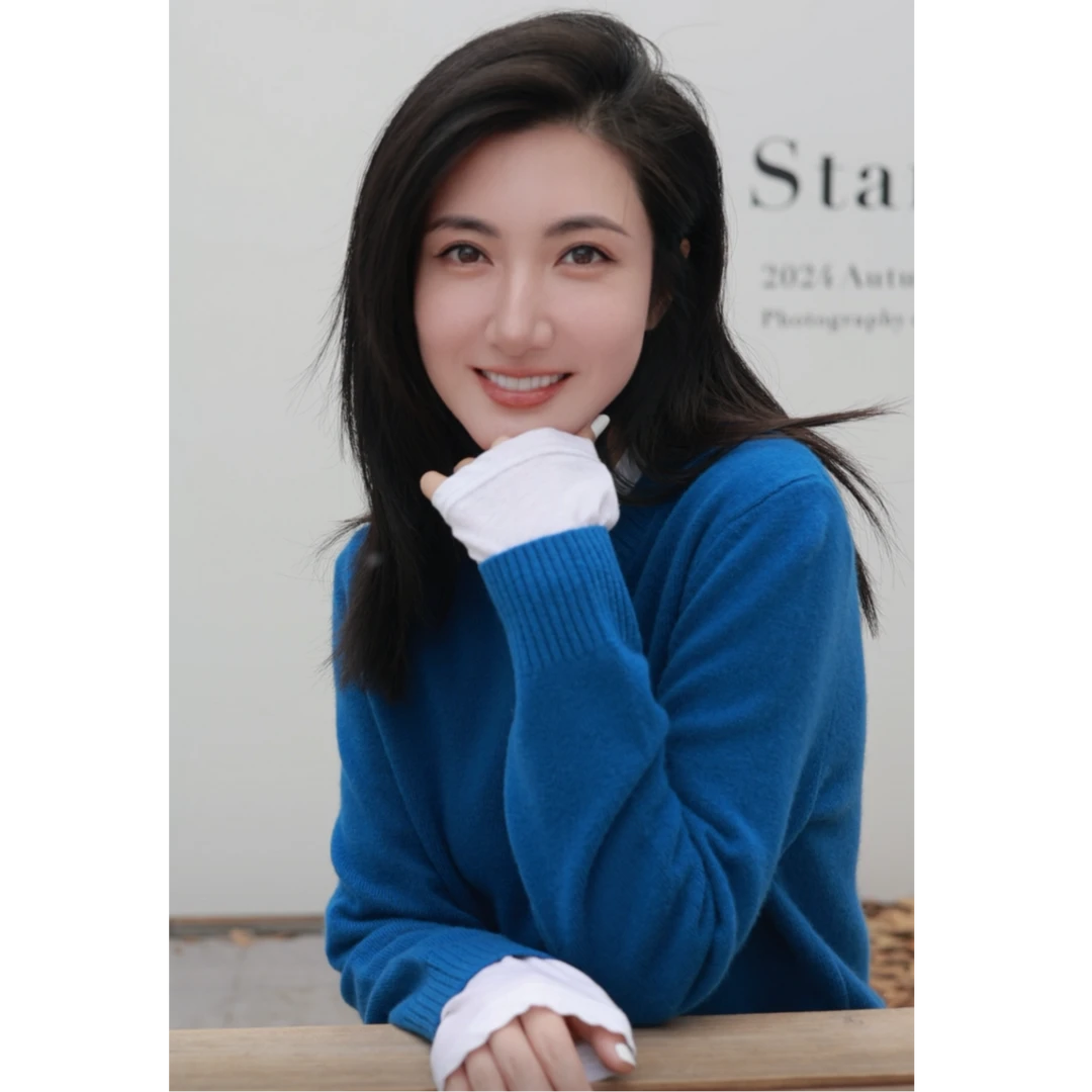 【壁虎姐】F2024新款 蓝色圆领针织毛衣 抽绳松紧腰直筒裤套装