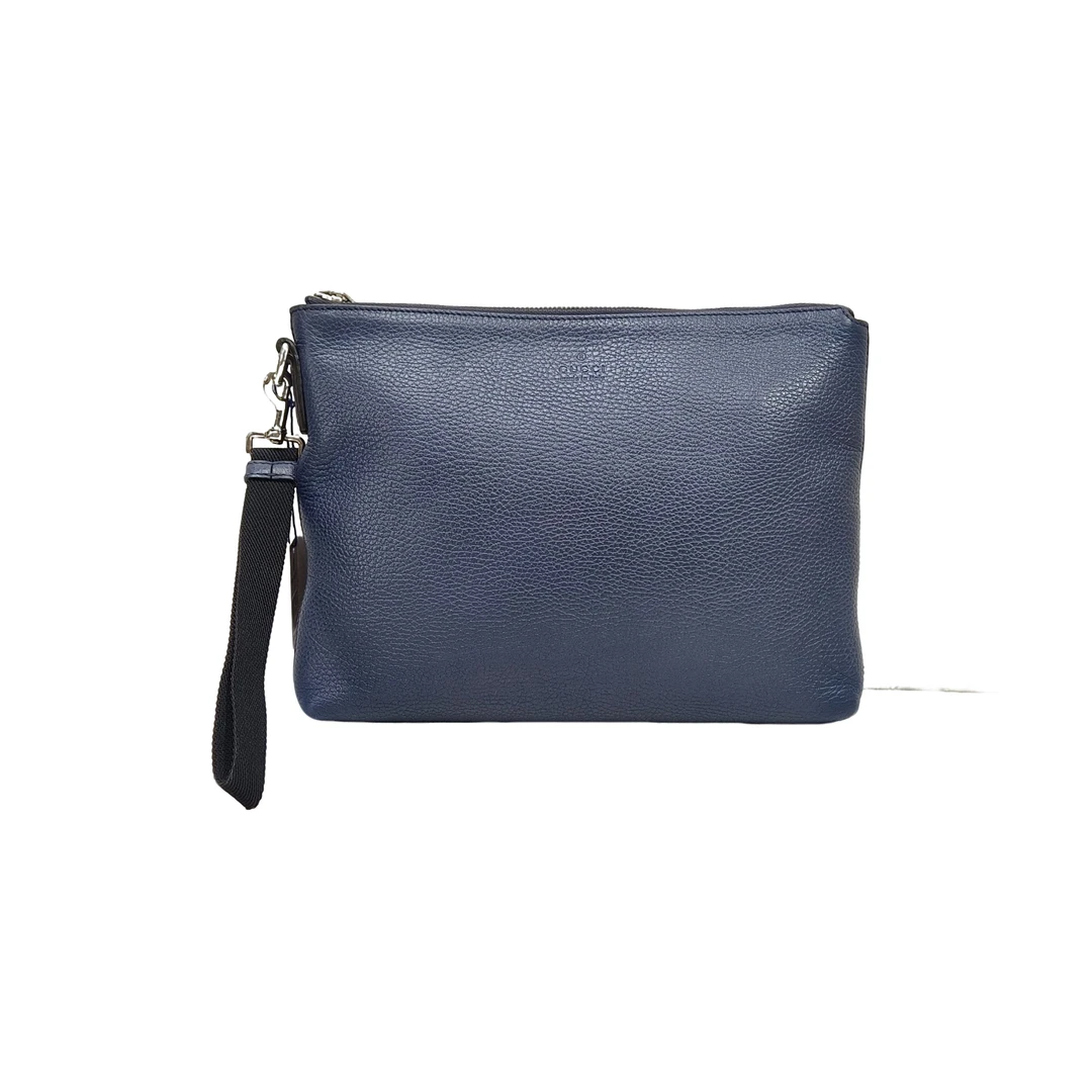 99新 GUCCI/古驰 男包奢侈品98新男士深蓝色真皮荔枝纹手拿包0722