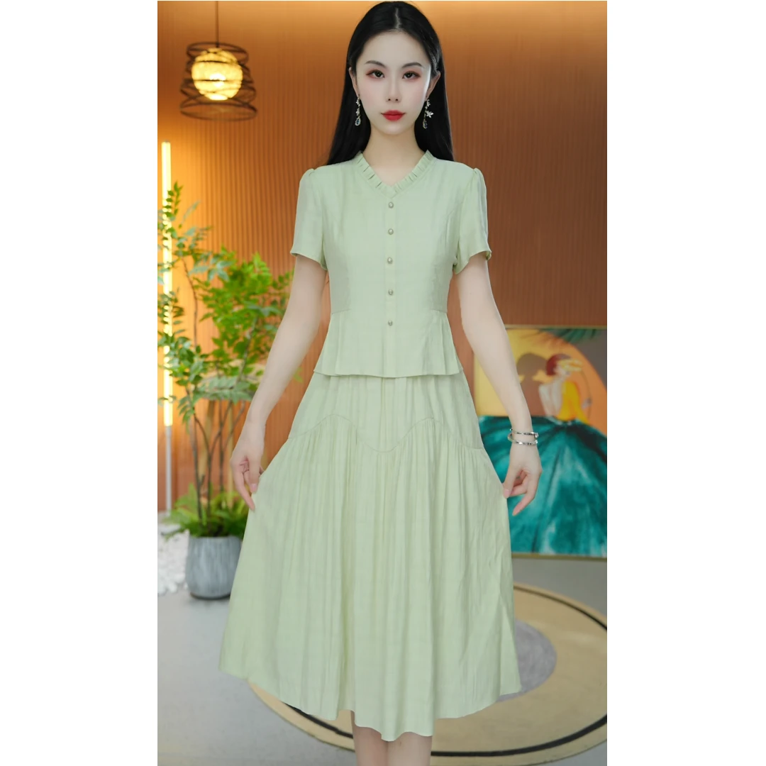 夏新款时尚气质收腰显瘦裙子洋气减龄假两件套短袖中长连衣裙