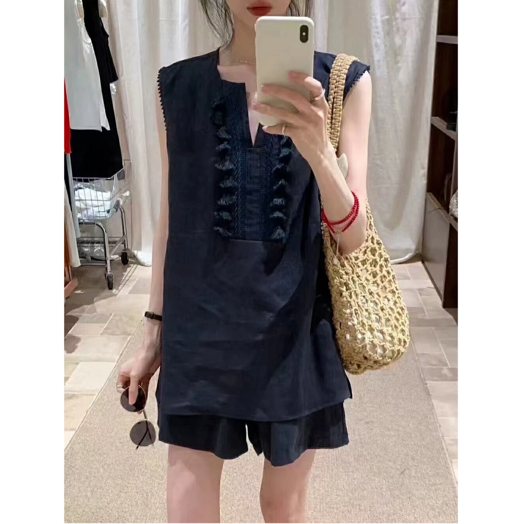 韩系立体花朵V领无袖背心女2025夏季新款高腰显瘦休闲短裤两件套