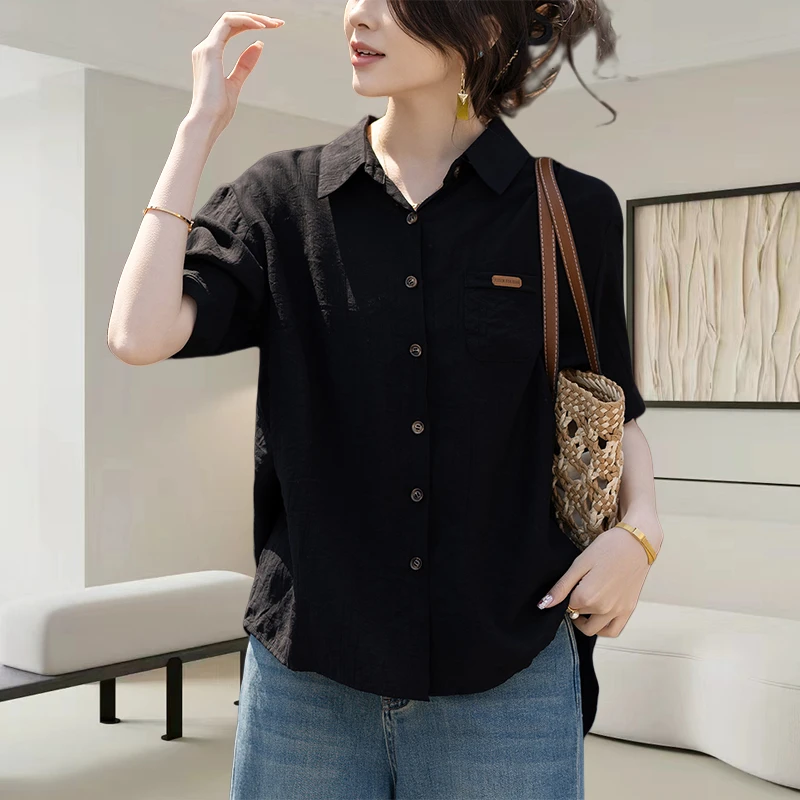 黑色翻领短袖衬衫女士夏季新款时尚减龄宽松显瘦中长款遮屁股上衣