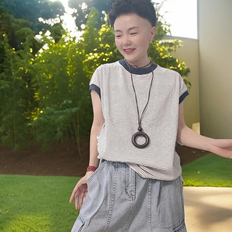 夏日简约时尚圆领条纹套头T恤（了色）