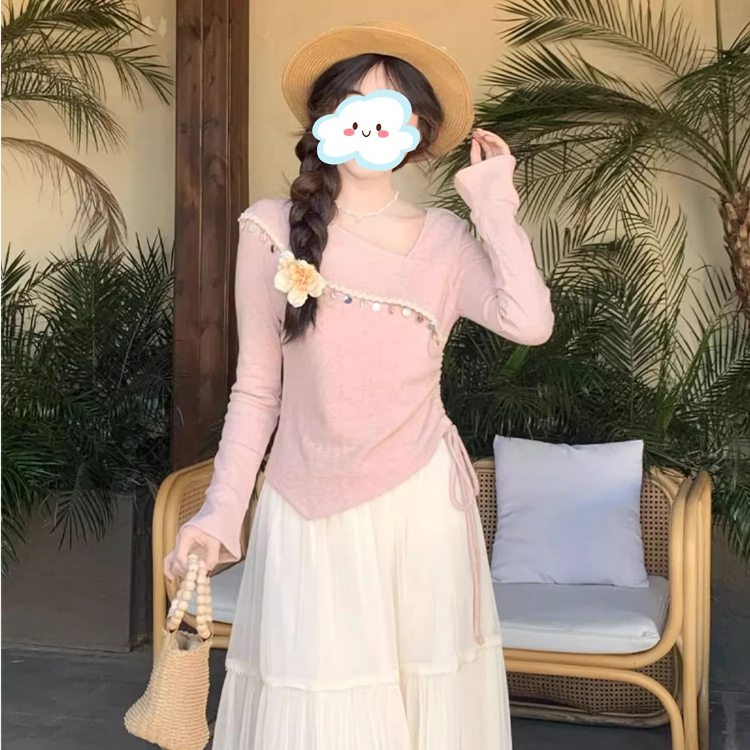 法式亮片斜领长袖t恤女2025春季新款设计感小众收腰显瘦上衣