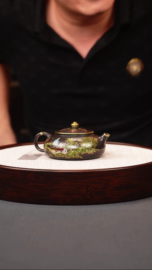 茶壶紫砂石黄珐琅彩山水寒江