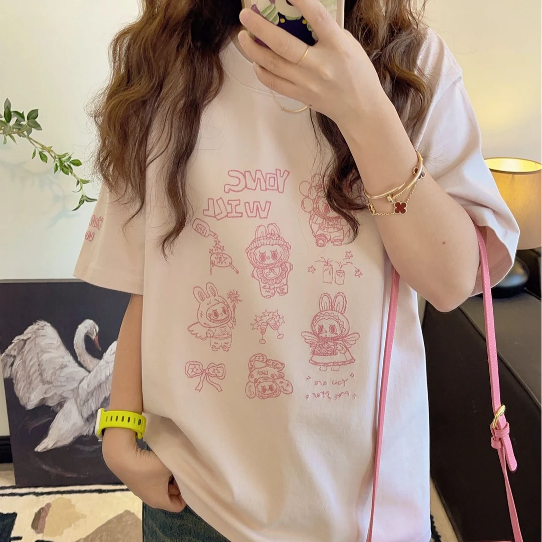 纸袋家秋季新款「派对布布线绣加厚短袖」3830纯棉双纱正肩T恤