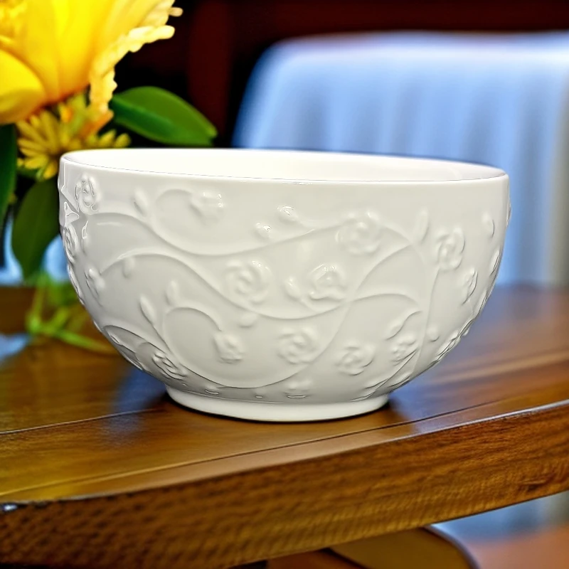 《赫赫家》玫瑰花丛12.8cm*6.8cm法式宫廷浮雕月光白小碗