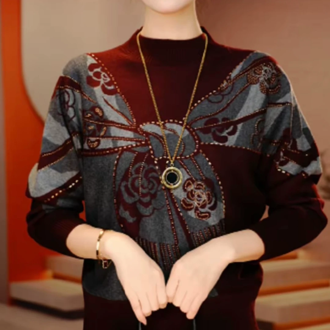 秋冬季新款潮流高端中老年妈妈针织衫时尚洋气长袖休闲减龄毛衣款