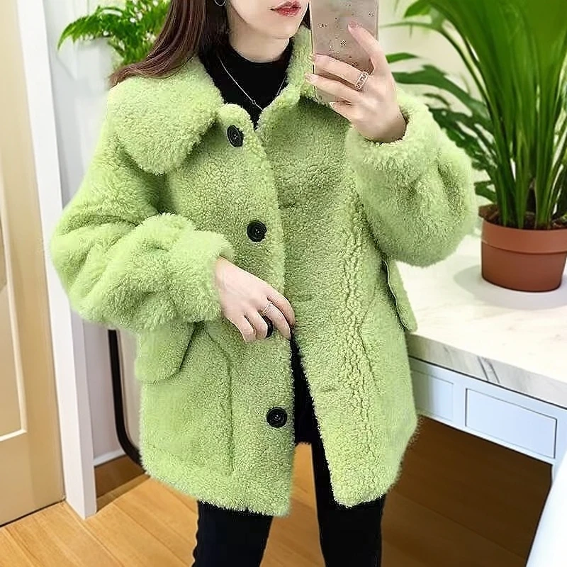 加厚保暖一体仿羊羔毛绒上衣2024秋冬新款韩版纯色宽松短外套