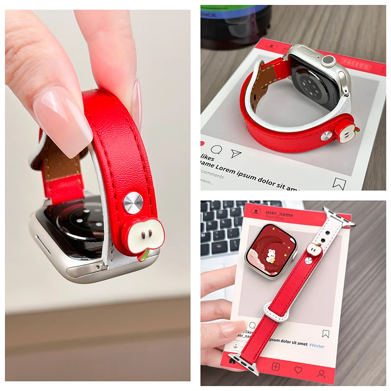 适用苹果apple iwatch11s10UltraSE可爱女生青苹果双钉扣皮质表带