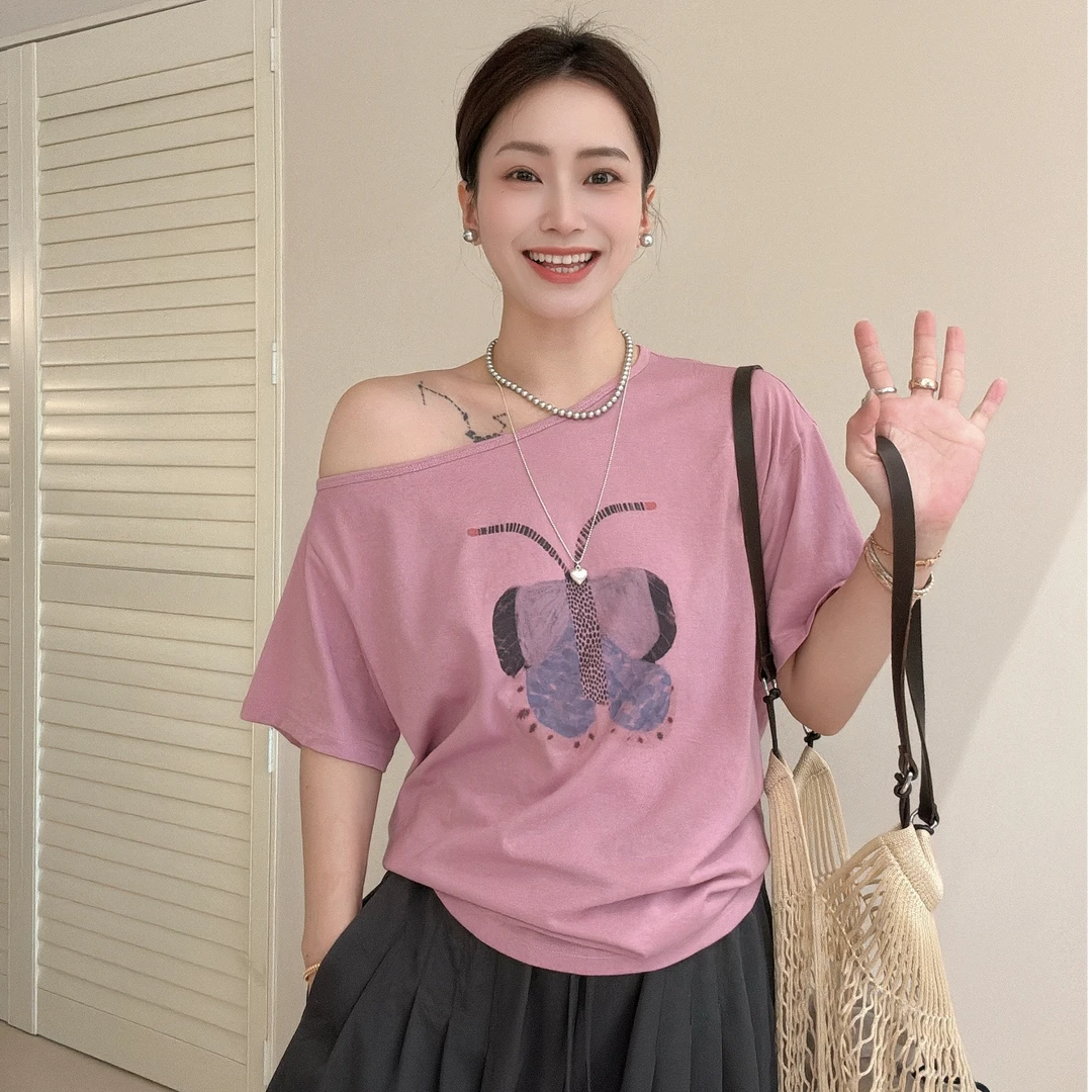 SUNCC现货 花蝴蝶 夏季透气凉感舒适百搭休闲慵懒感INS风斜肩上衣