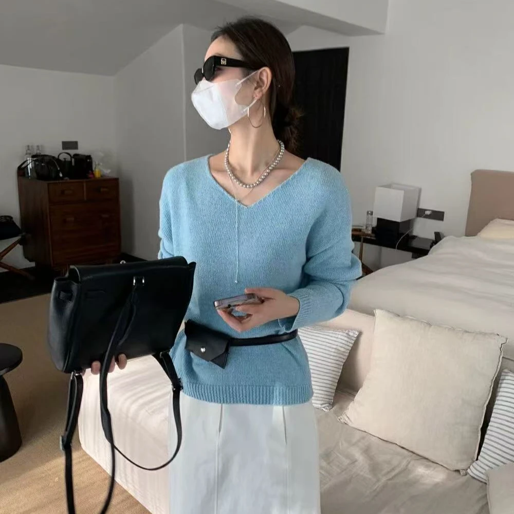 春上新慵懒风宽松百搭纯色休闲针织衫宽松长袖女套头V领打底衫
