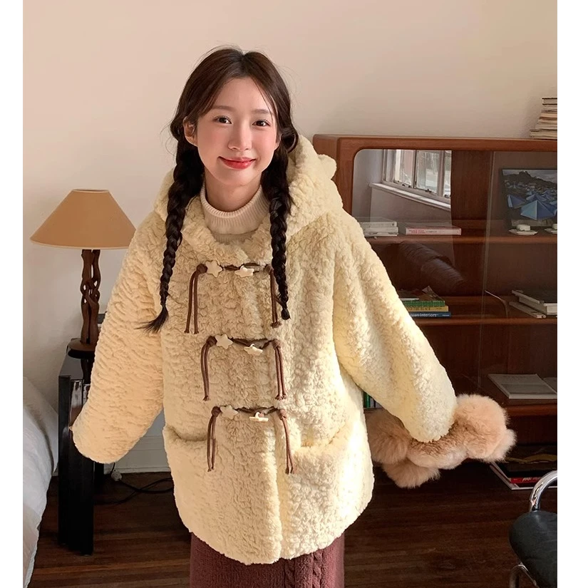 2024新款冬季中长款毛绒外套女小熊软糯耳朵连帽加厚毛毛大衣