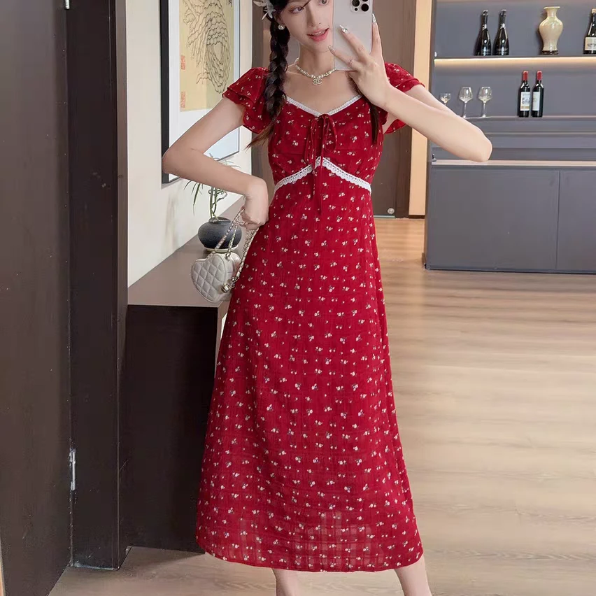 【夏季新款】 温柔小女人碎花连衣裙蕾丝钩花边高级收腰长裙