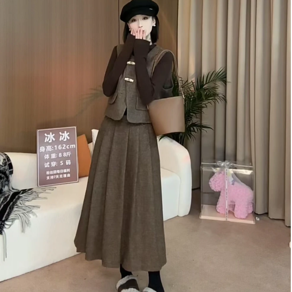 小香风灰色毛呢马甲套装裙女秋季气质温柔风高级感韩系三件套9553