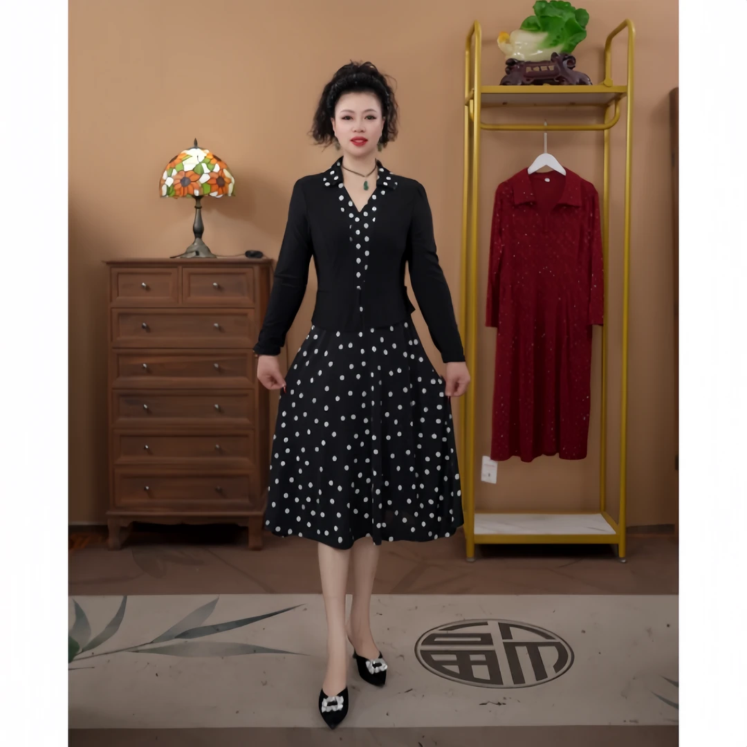 52048弹力缎拼接假两件裙子贵夫人春秋气质减龄连衣裙女