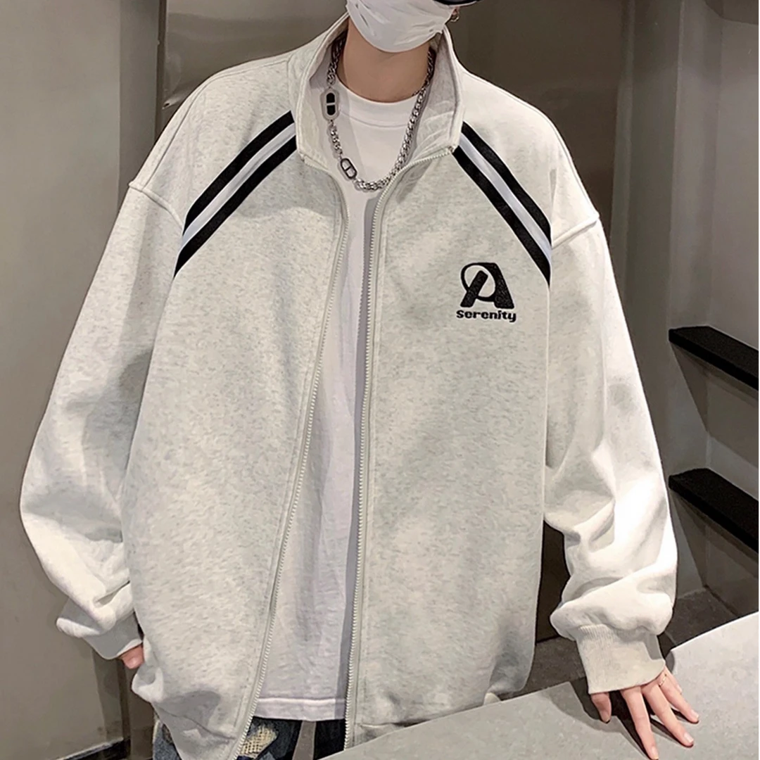 学院风重磅开衫卫衣男春秋美式复古少年感立领外套潮牌高级感夹克